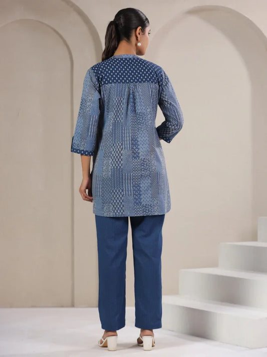 Span Blue Mandarin Neck Cotton Short Kurta