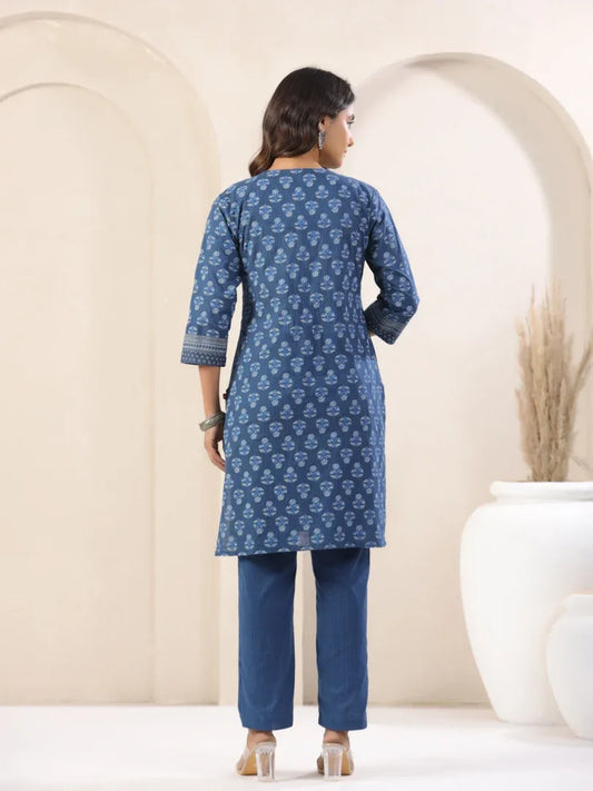 Span Blue V-Neck Cotton Kurta