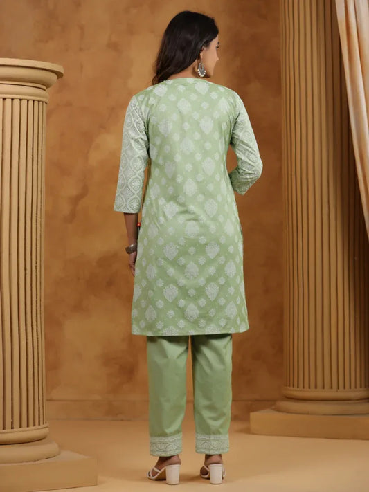 Span Green V-Neck Cotton Co-Ord Set (Set of 2)