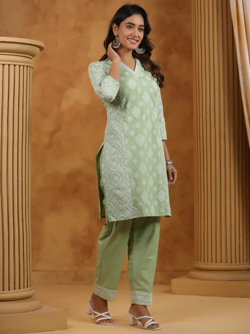 Span Green V-Neck Cotton Co-Ord Set (Set of 2)