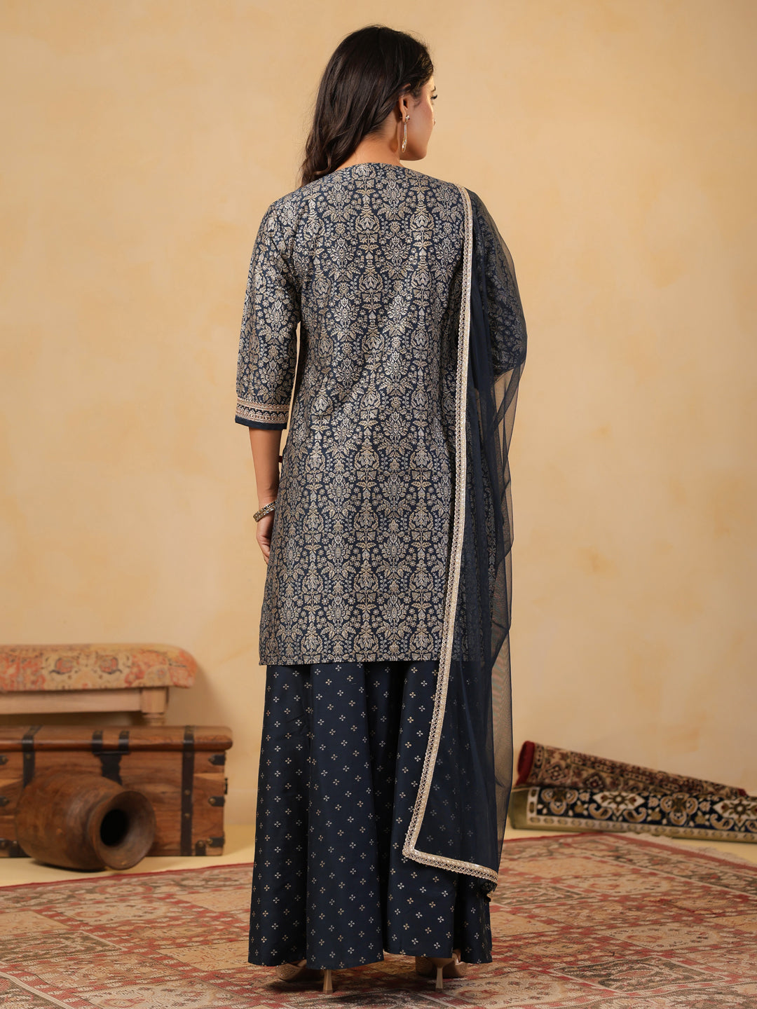 Span Blue V Neck Silk Kurta