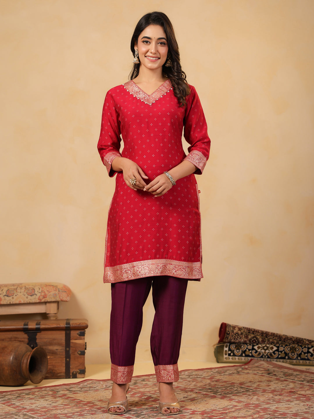 Span Pink V Neck Cotton Co-Ord Set (Set of 2)