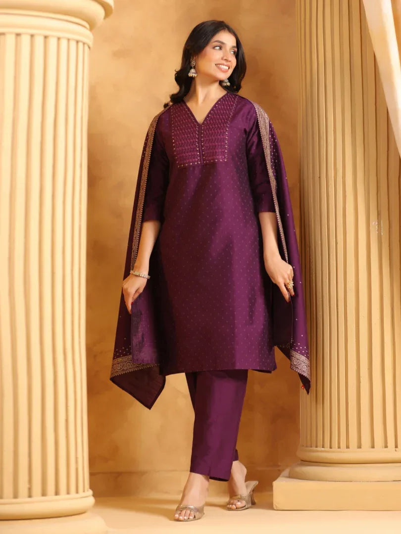 Span Purple V-Neck Silk Kurta