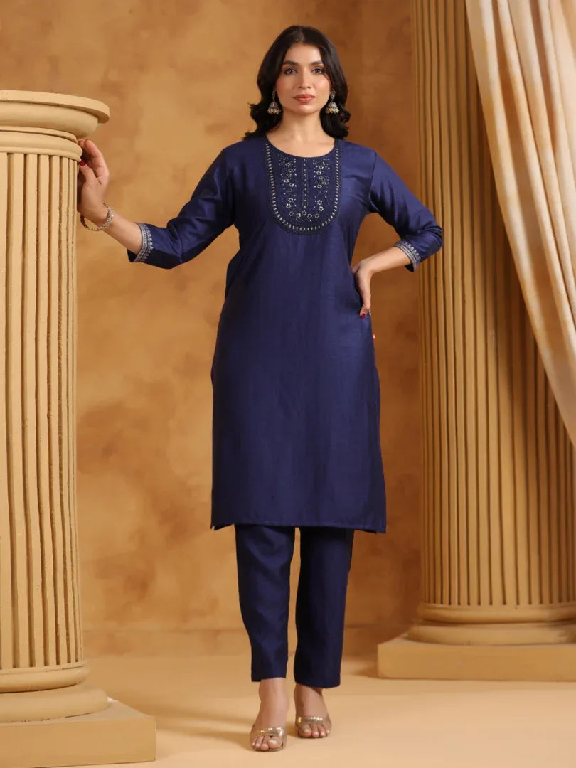 Span Blue Round Neck Viscose Kurta