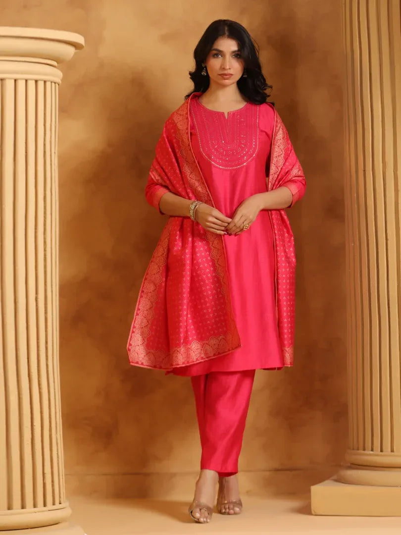 Span Pink Round Neck Viscose Kurta