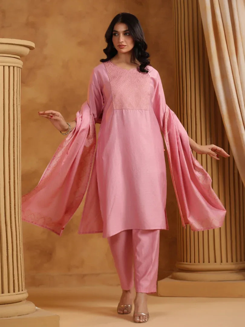 Span Pink Round Neck Viscose Kurta