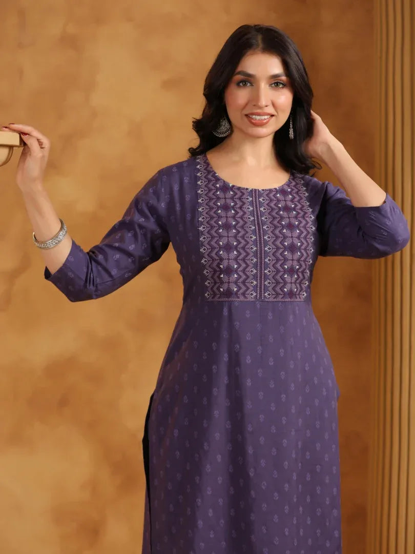 Span Purple Round Neck Rayon Kurta