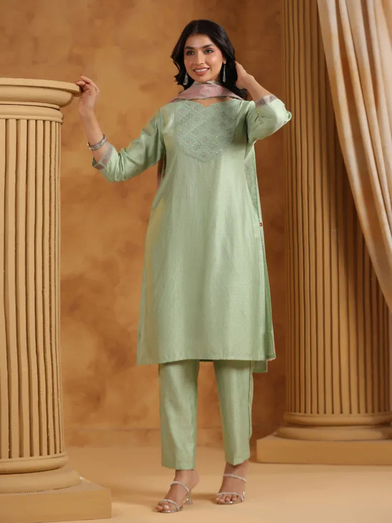Span Green V-Neck Viscose Kurta