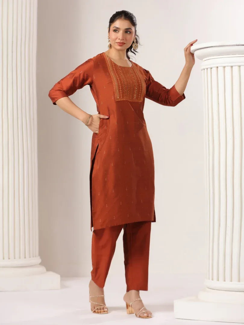 Span Brown Round Neck Silk Kurta