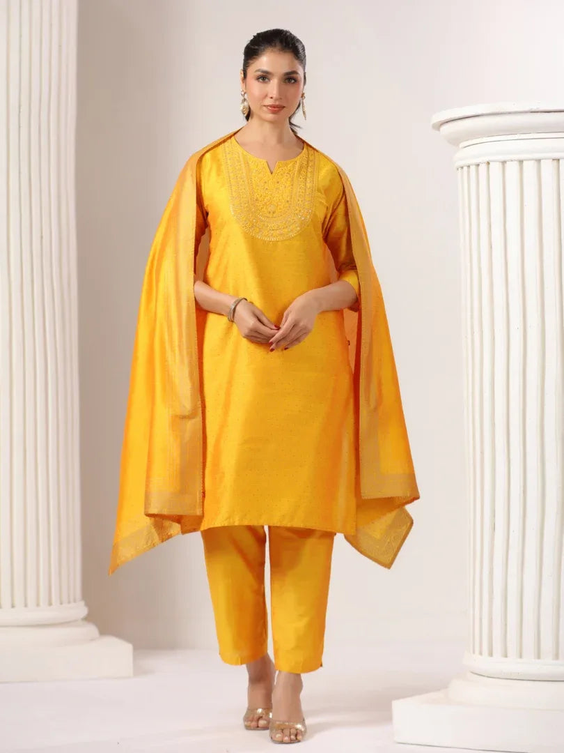 Span Yellow Round Neck Silk Kurta