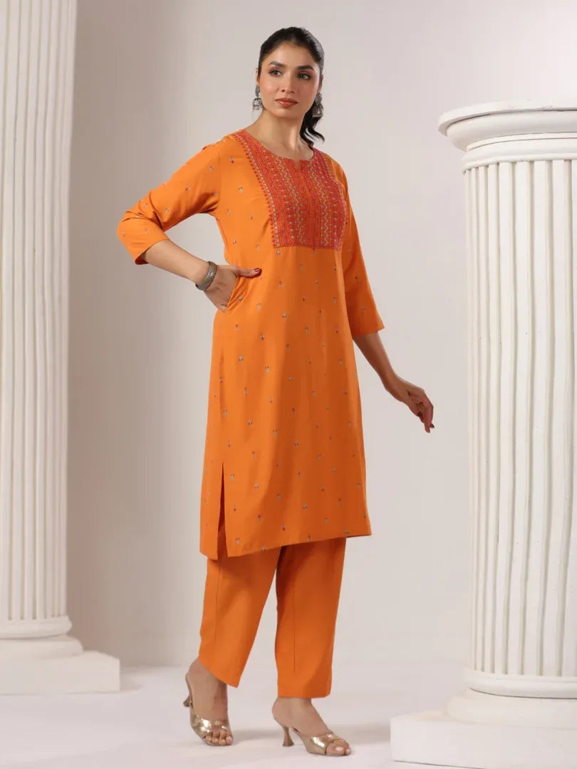 Span Orange Round Neck Rayon Kurta