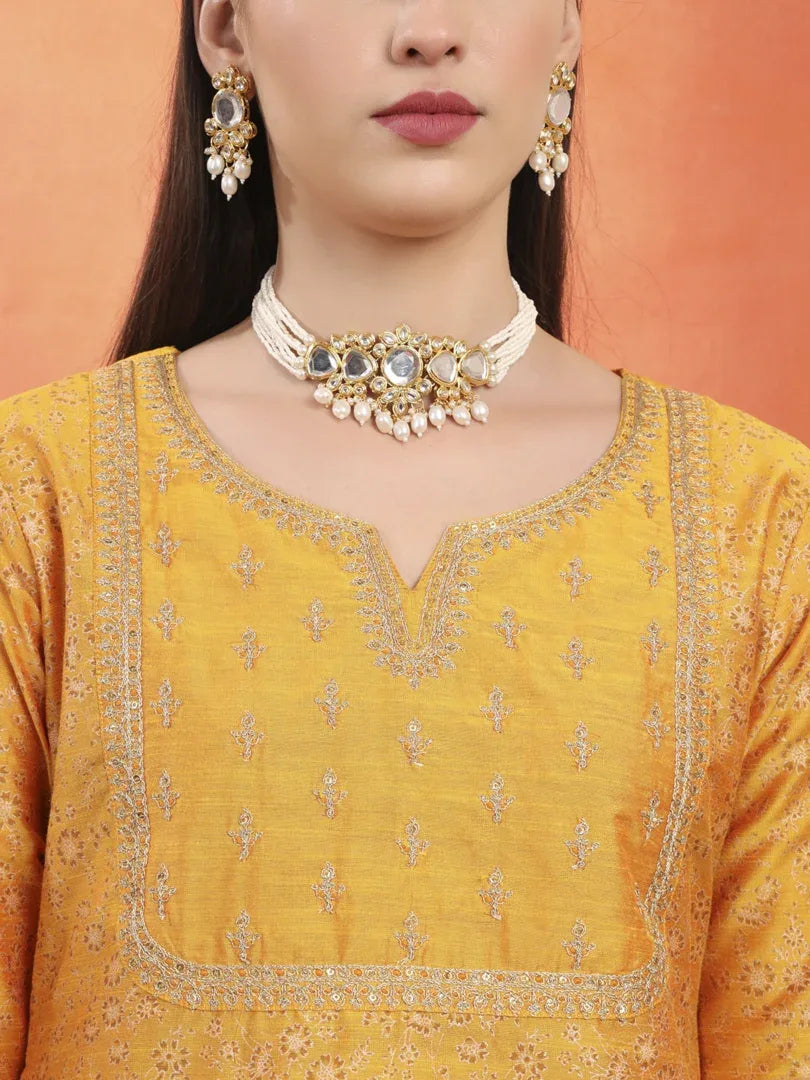 Span Yellow Round Neck Silk Kurta Set with Dupatta