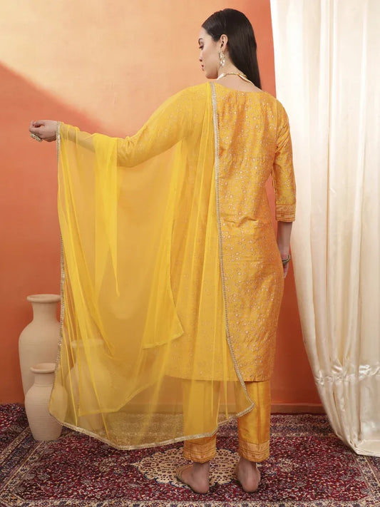 Span Yellow Round Neck Silk Kurta Set with Dupatta
