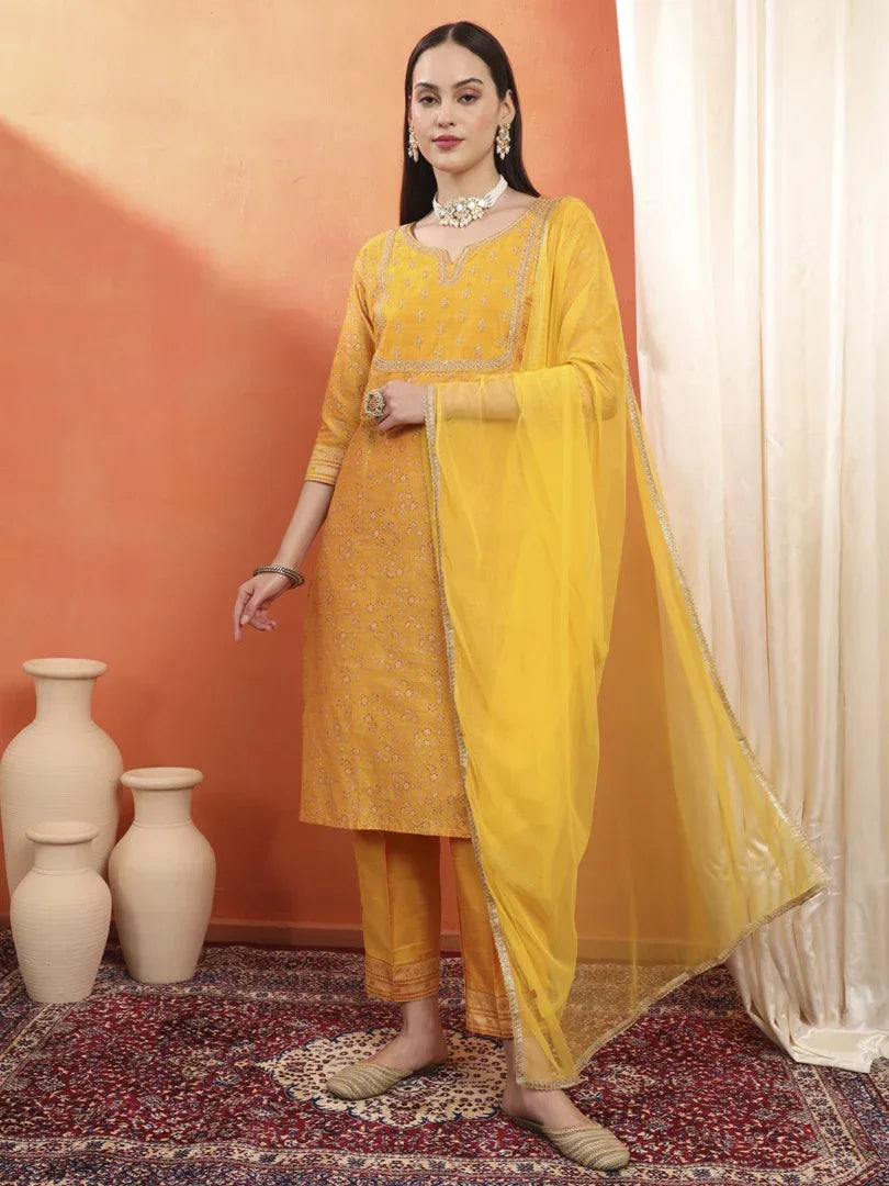 Span Yellow Round Neck Silk Kurta Set with Dupatta