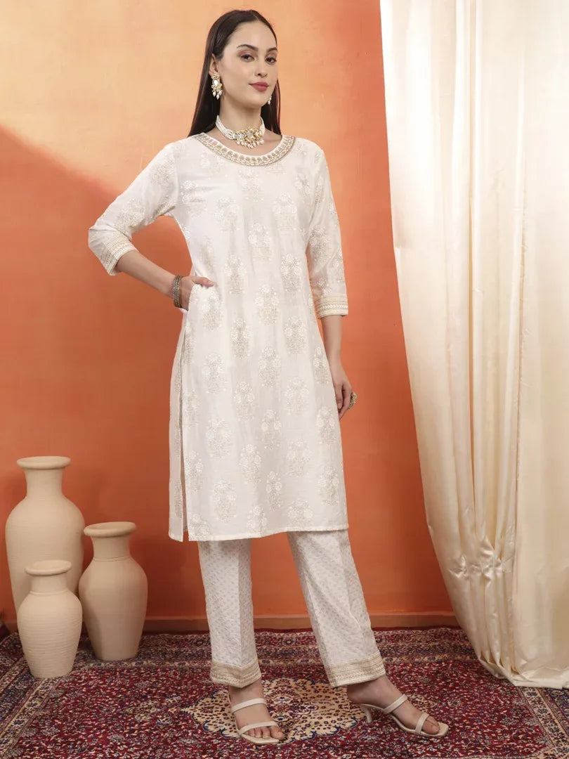 Span White Round Neck Viscose Kurta Set with Dupatta