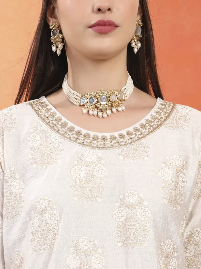 Span White Round Neck Viscose Kurta Set with Dupatta