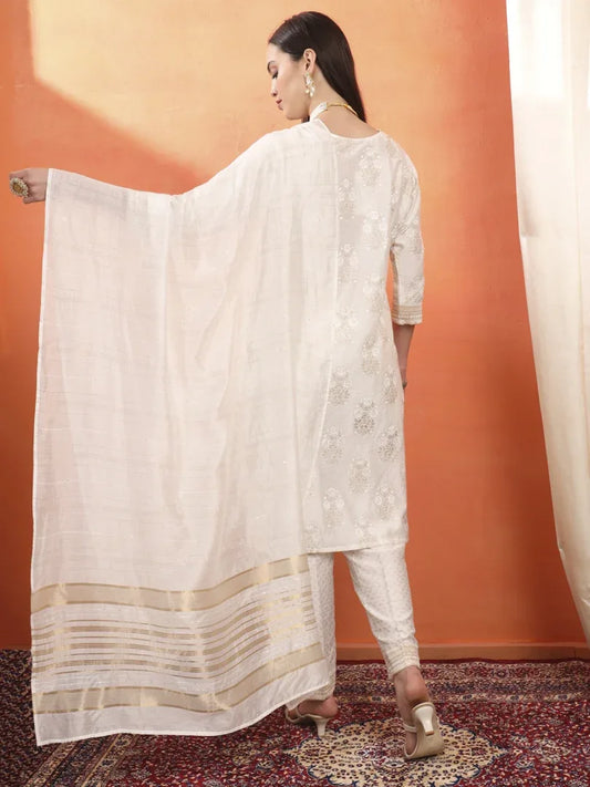 Span White Round Neck Viscose Kurta Set with Dupatta