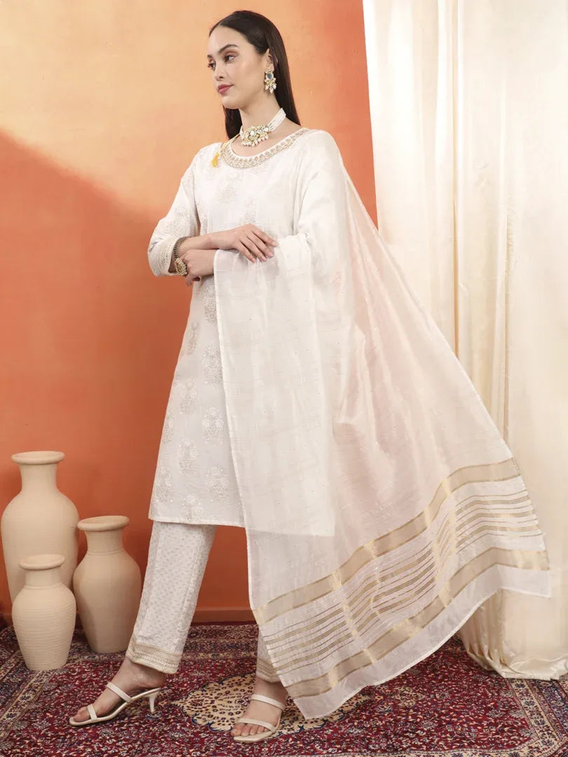 Span White Round Neck Viscose Kurta Set with Dupatta