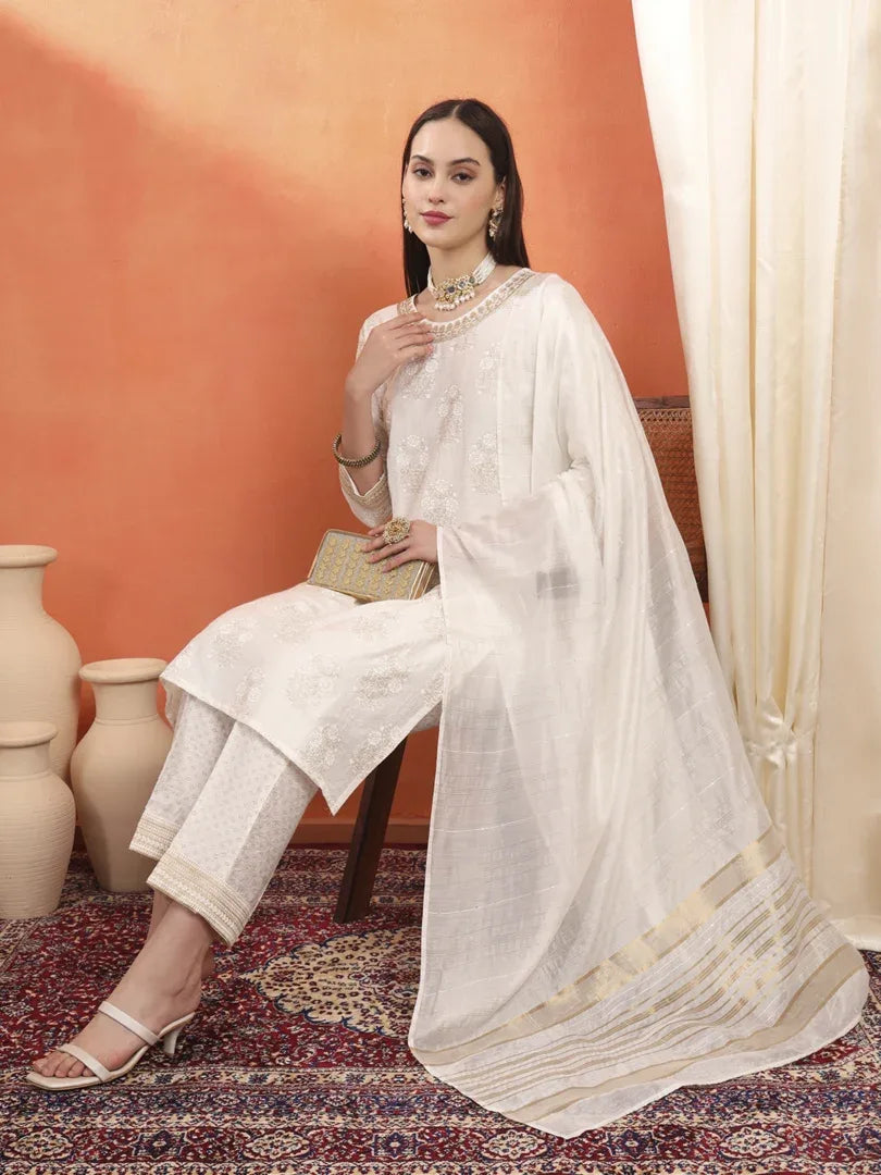 Span White Round Neck Viscose Kurta Set with Dupatta