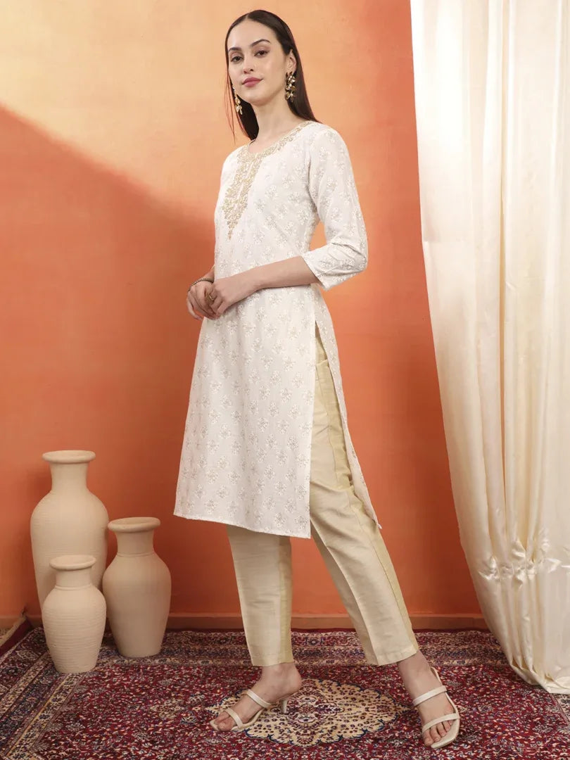 Span white Round Neck Viscose Kurta