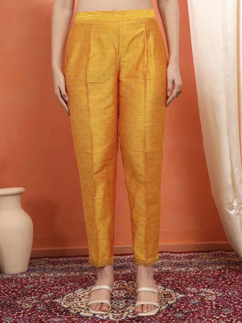 Span Yellow V-Neck Silk Kurta Set with Dupatta