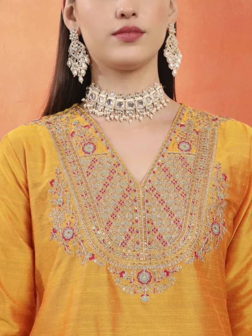 Span Yellow V-Neck Silk Kurta Set with Dupatta