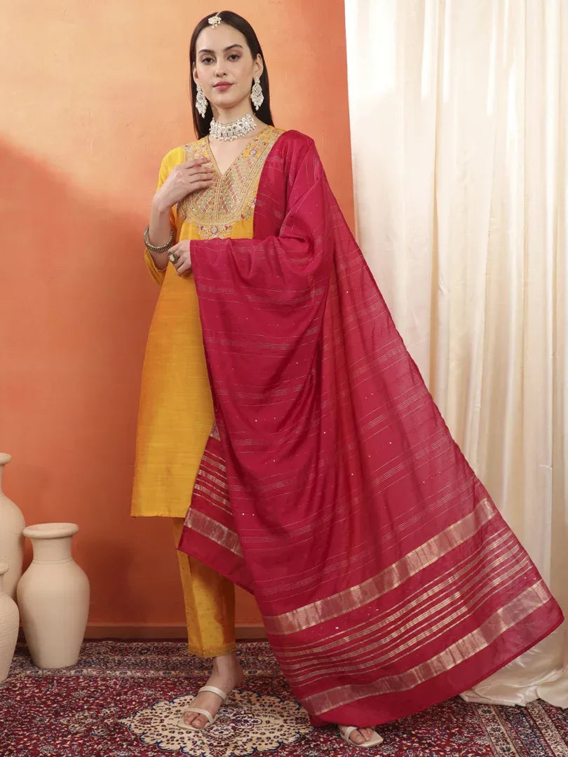 Span Yellow V-Neck Silk Kurta Set with Dupatta