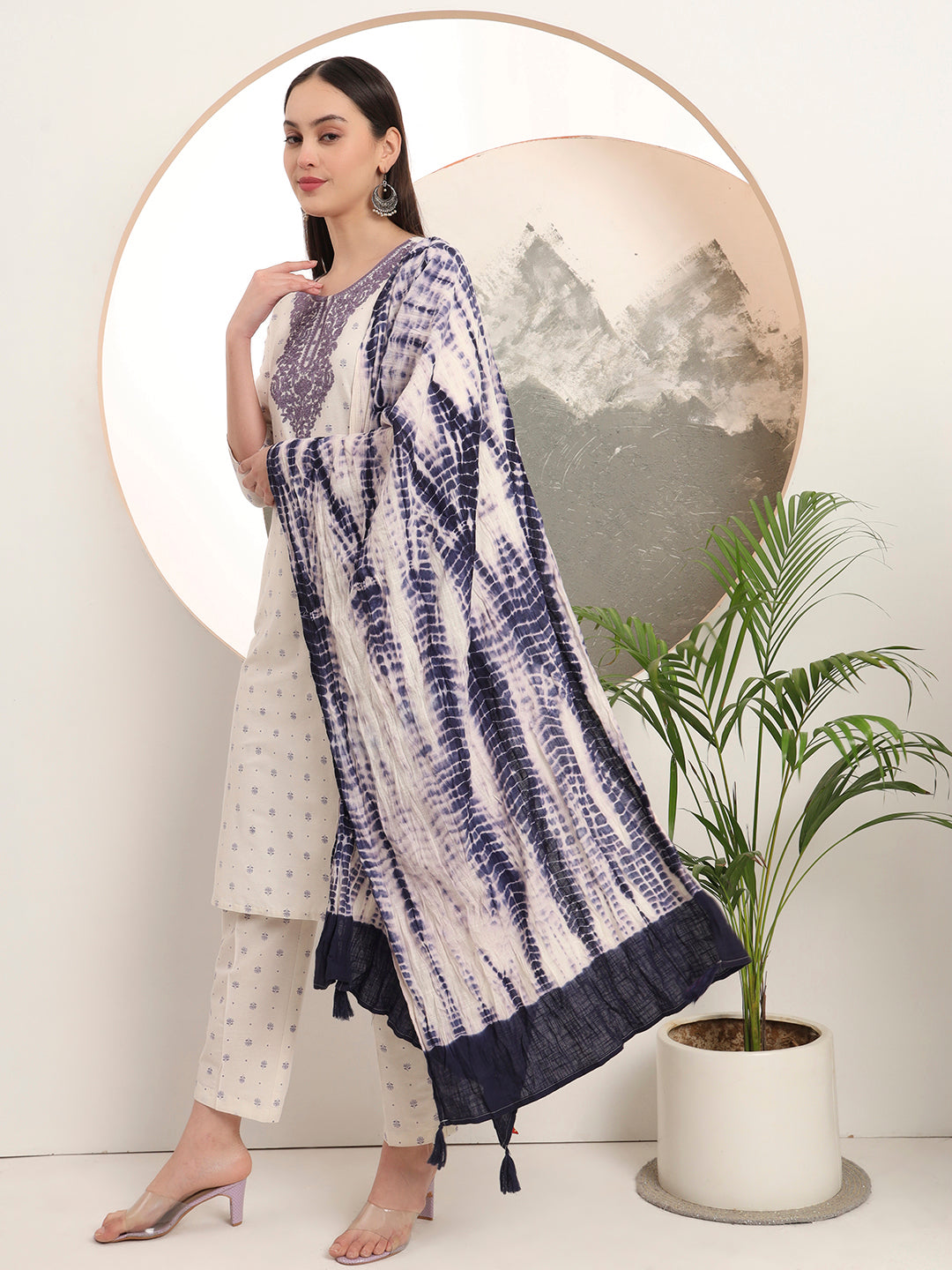 Span White Round Neck Cotton Kurta Set with Dupatta