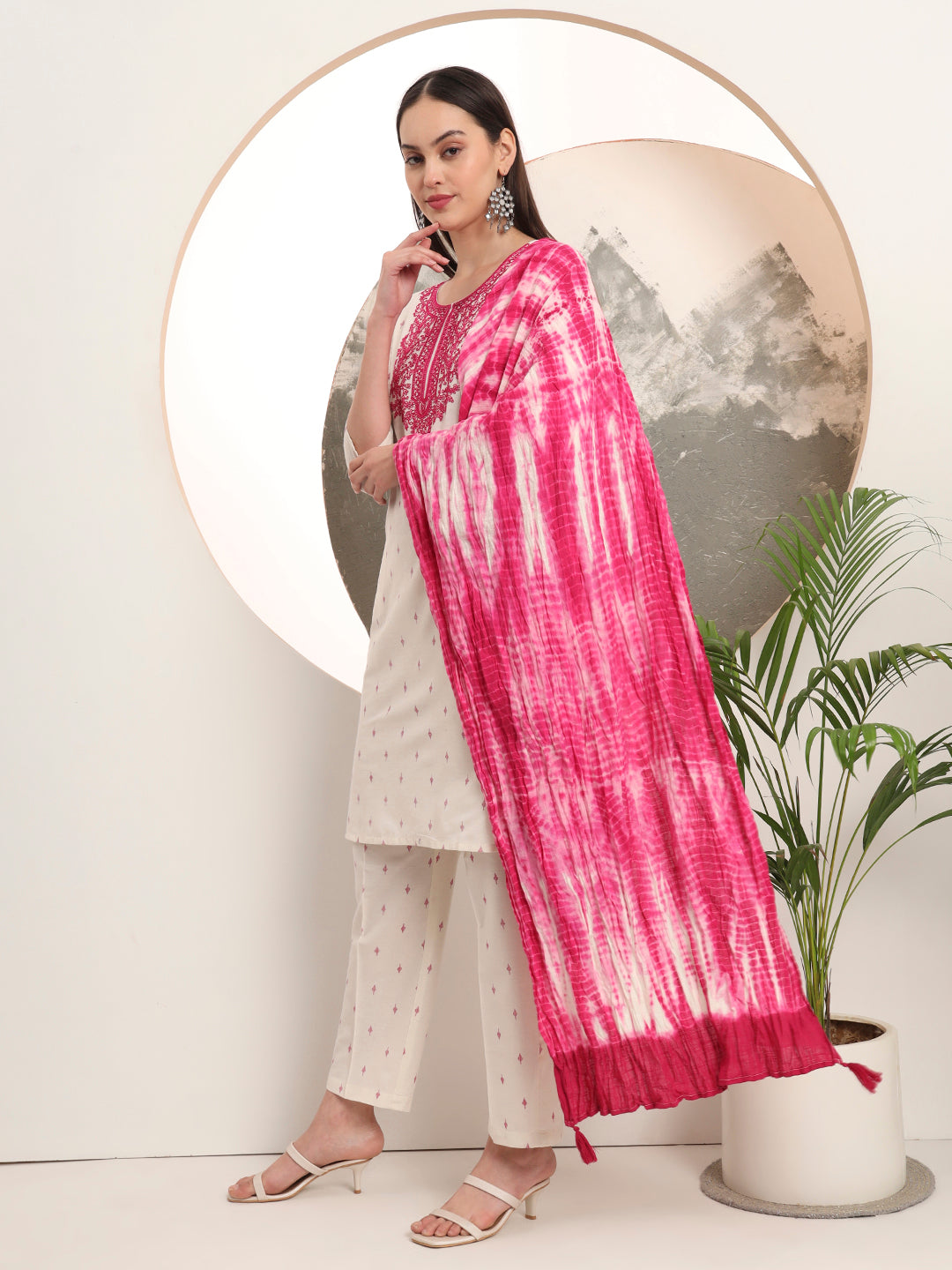 Span White Round Neck Cotton Kurta Set with Dupatta
