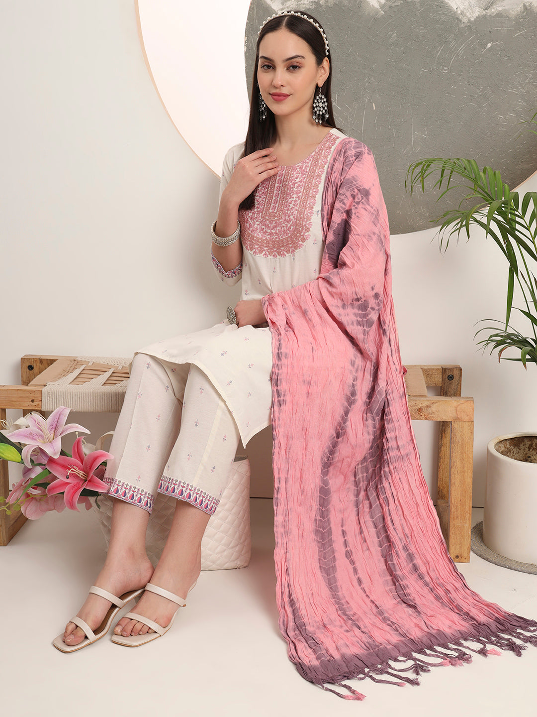 Span White Round Neck Cotton Kurta Set with Dupatta