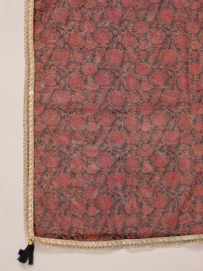 Span Black V Neck Silk Kurta Set wih Dupatta