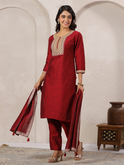 Span Burgundy Round Neck Visocse Kurta
