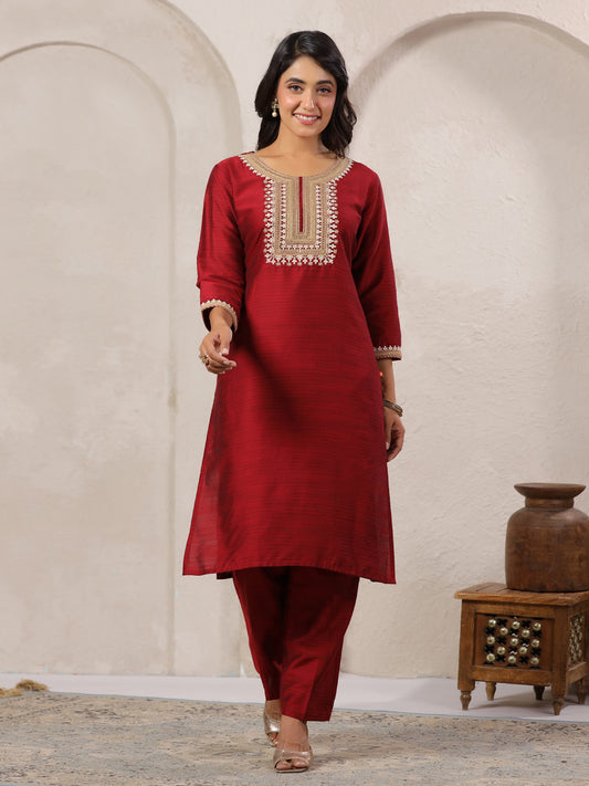 Span Burgundy Round Neck Visocse Kurta