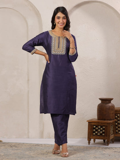 Span Purple Round Neck Visocse Kurta