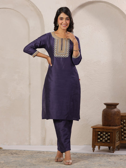 Span Purple Round Neck Visocse Kurta