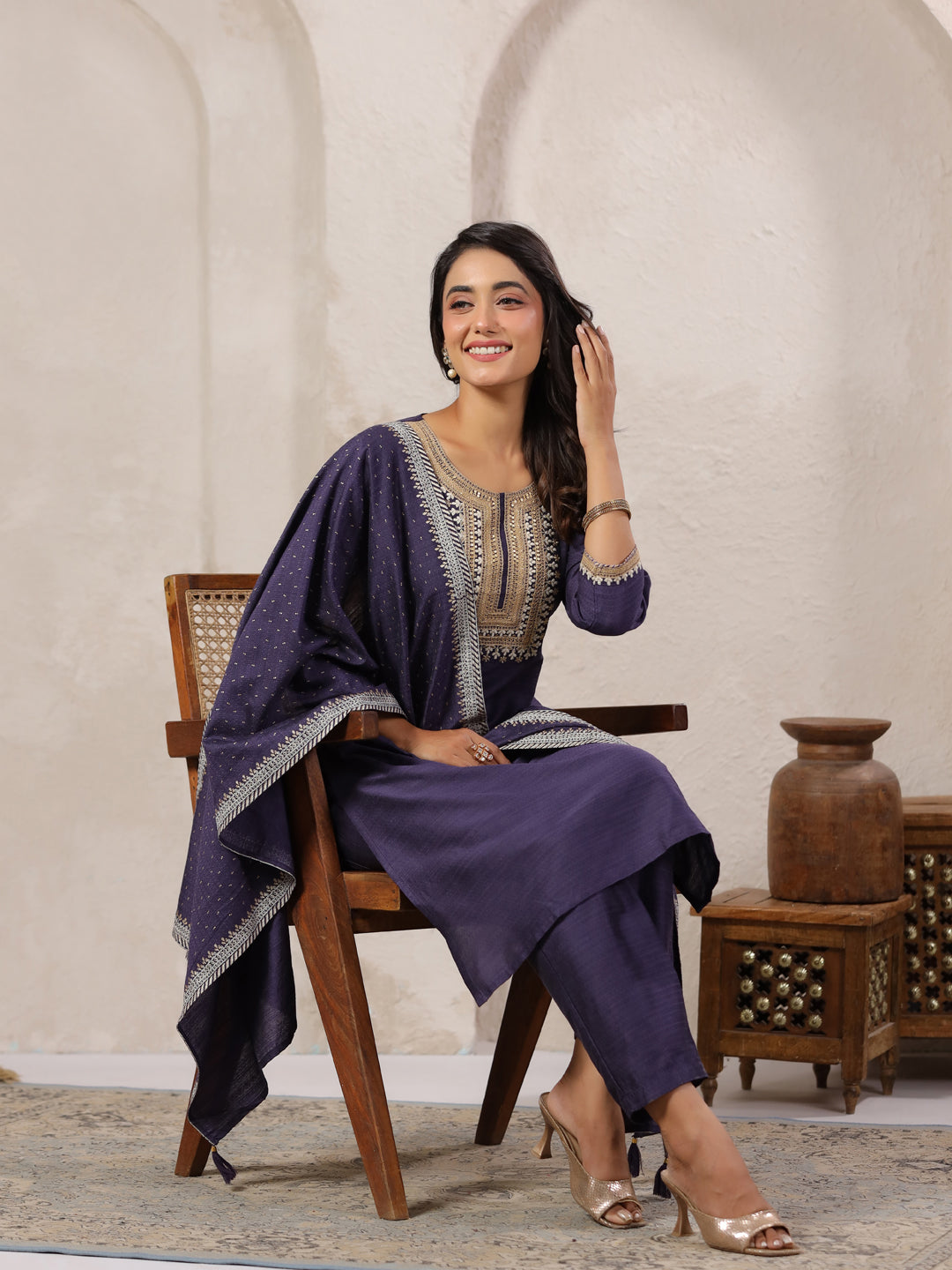 Span Purple Round Neck Visocse Kurta