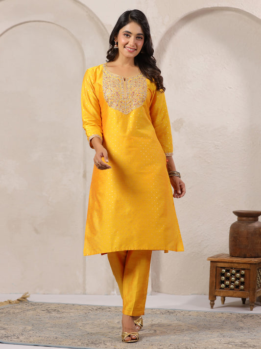 Span Yellow Round V Neck Silk Kurta