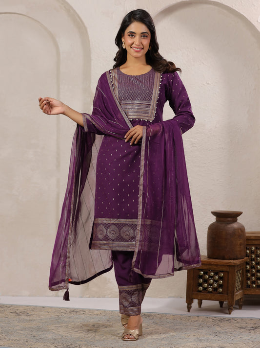 Span Purple Round Neck Rayon Kurta Set with Dupatta