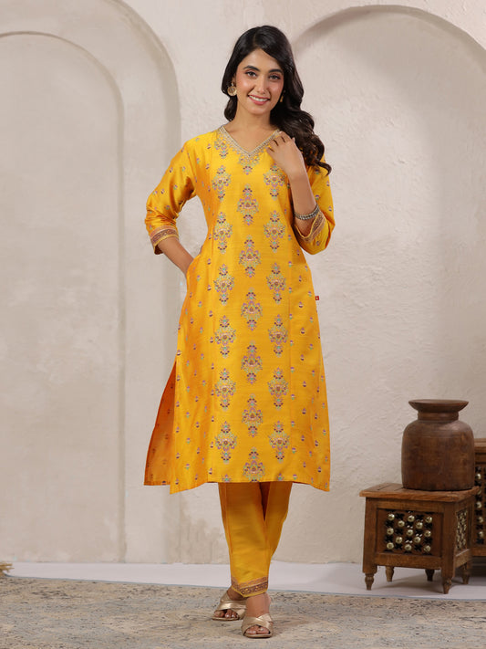 Span Yellow V Neck Silk Co-Ord Set(Set of 2)