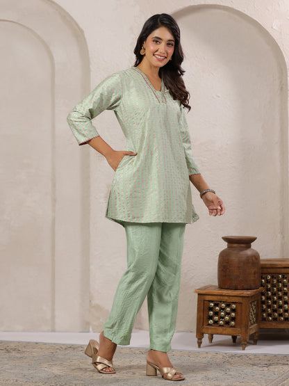 Span Green V Neck Viscose Short Kurta
