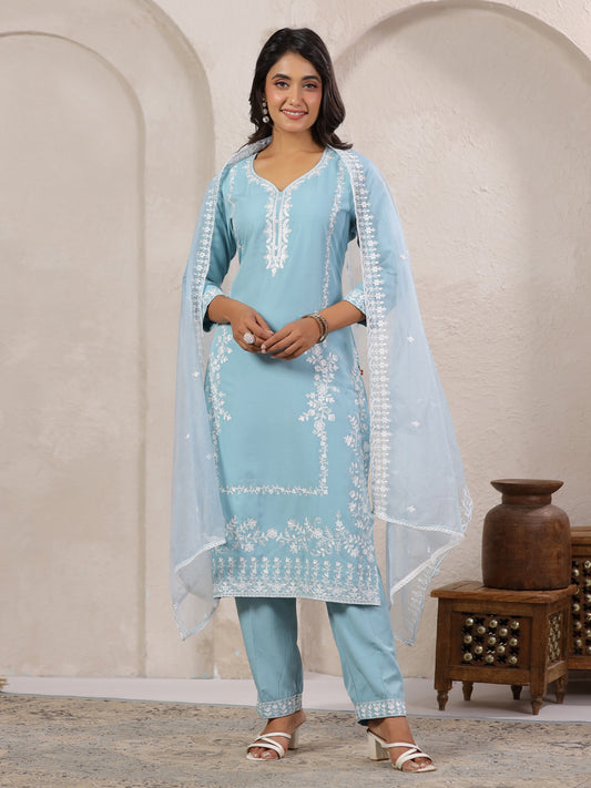 Span Blue V Neck Rayon Kurta Set with Dupatta
