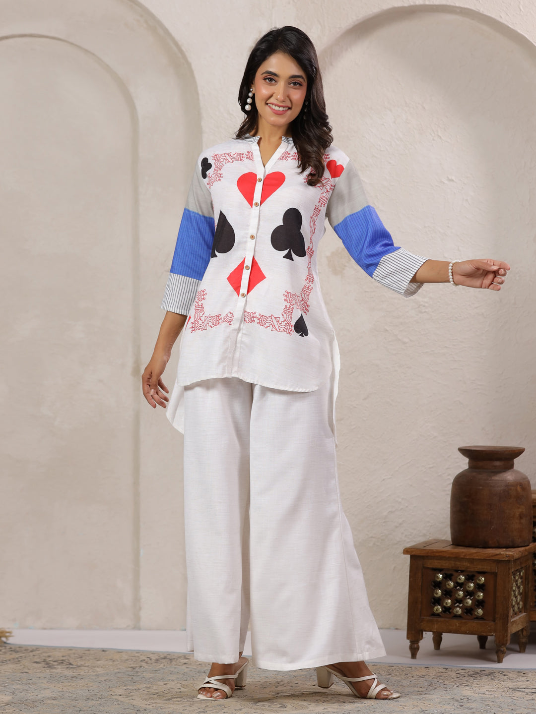 Span White Mandarin Viscose Co-Ord Set (Set of 2)