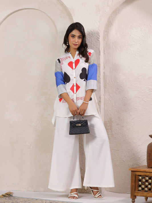 Span White Mandarin Viscose Co-Ord Set (Set of 2)
