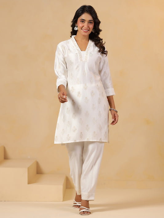 Span White V Neck Visocse Co-Ord Set(Set of 2)