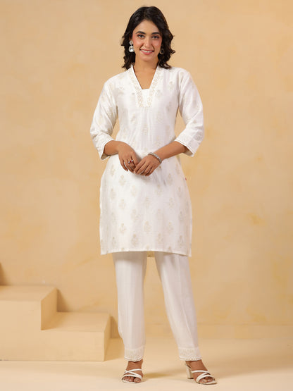 Span White V Neck Visocse Co-Ord Set(Set of 2)