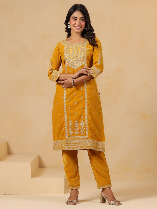 Span yellow Round Neck Velvet Kurta Set