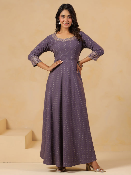Span Purple Round Neck Silk Gown