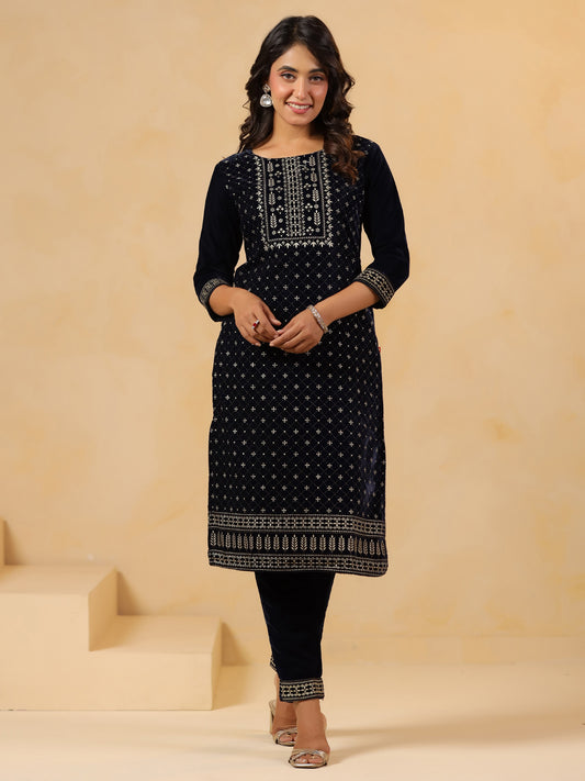 Span Blue Round Neck Velvet Kurta Set