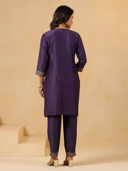 Span Purple Round Neck Visocse Co-Ord Set( Set of 2)