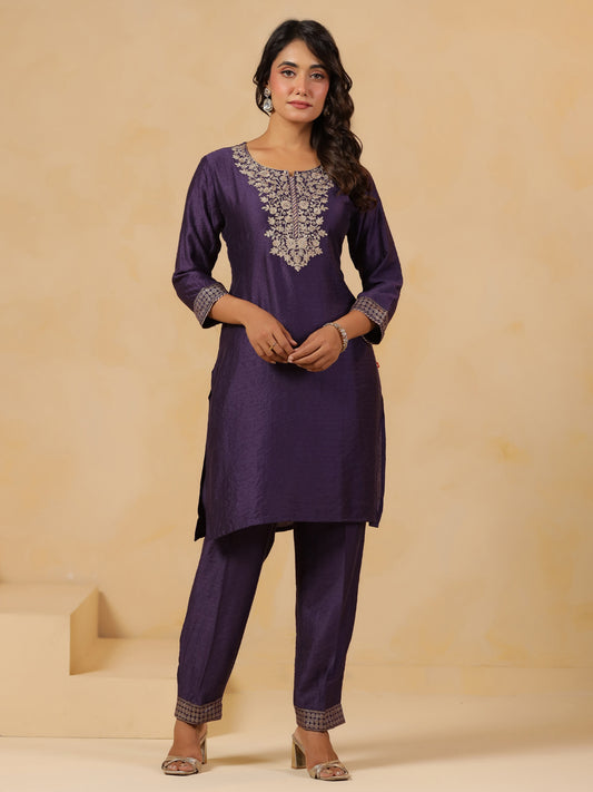 Span Purple Round Neck Visocse Co-Ord Set( Set of 2)